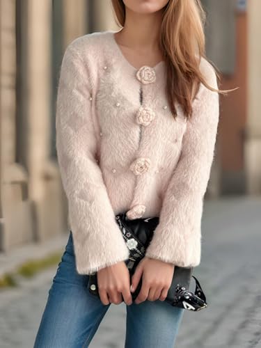 Women's Mohair Sweater – Fuzzy Mohair Cardigan Pearl Soft Chunky Button-Up Fuzzy Sweater for Women4