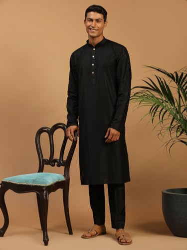 Image of VASTRAMAY VM Mens Silk Blend Kurta Pyjama Set - Classic Ethnic Attire for Timeless Style and Cultural Celebrations | Soft Comfortable Solid Full Sleeves Kurta and Churidar Pyjama Set