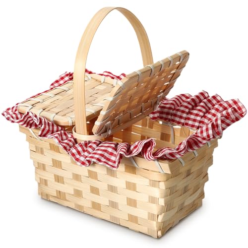 Teenyyou Mini Picnic Basket with Lid and Handle Small Gingham Woven Picnic Hamper for Outdoor Camping Easter Halloween(Red and White)