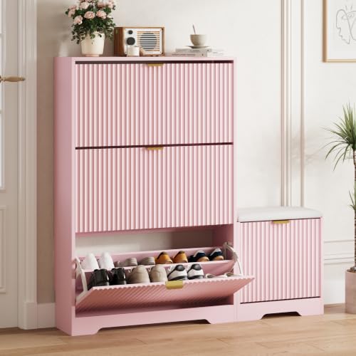 Image of HUANLEGO Shoe Cabinet Storage for Entryway with Flip Drawer & Bench, Pink | Fluted Shoe Cabinet with Bench, Hidden Shoe Rack for Entryway, Freestanding Narrow Shoe Organizer for Hallway, Entrance