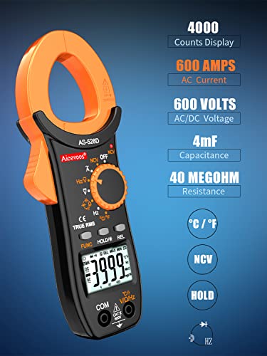 Aicevoos 528D Digital Clamp Meter 4000 Counts Amp Voltage Tester Auto-Ranging,Measures Ac Current,Ac/Dc Voltage,Temperature Capacitance Resistance Diodes（600A） #TOP1