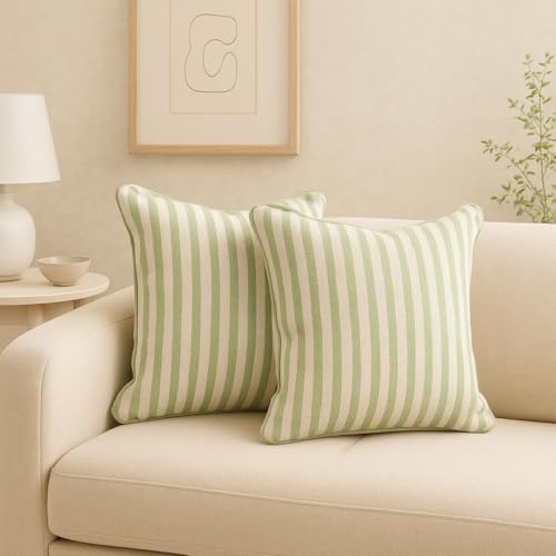 Image of 100% Cotton - Green and White Stripes Cushion Covers Set of 1 (16 x 16 inches) - Cushion Covers for Sofa & Living Room Decor