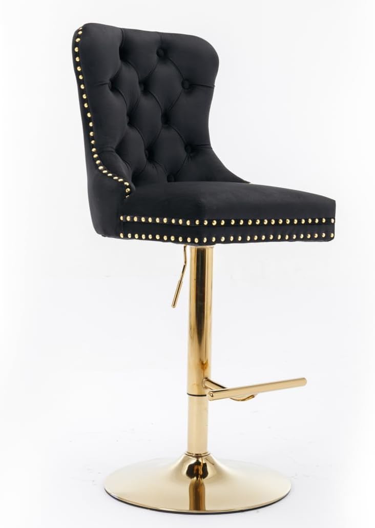 Swivel Bar Stools Set of 2, Velvet Upholstered Barstools Adjusatble Seat Height from 27-35 Inch, Bar Stools with Backrest for Home Pub and Kitchen Island, Black+Gold