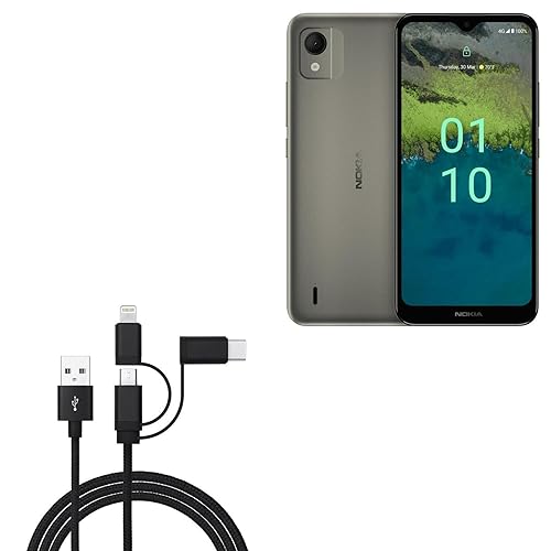 BoxWave Cable Compatible with Nokia C110 - AllCharge 3-in-1 Cable - Jet Black