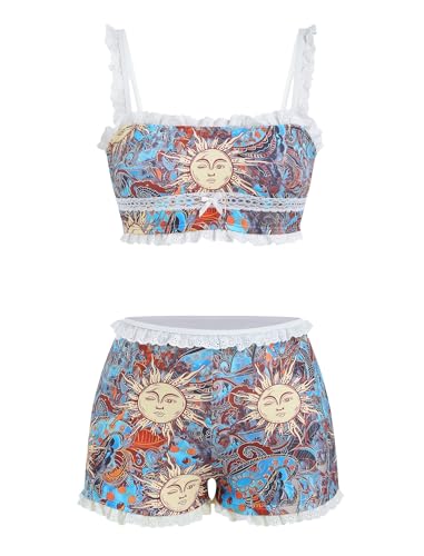 Image of ZAFUL Womens High Waisted Bikini Sets 2 Piece Plaid Ruffle Swimsuits Back Strap Top with High Waisted Shorts Bathing Suit