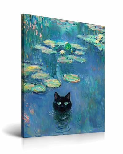HesenDot Stampa artistica da parete con cornice a forma di testa di gatto, 30x40CM poster su tela ninfea gatto carino Claude Monet, divertente stampa pittura animale, decorazione da parete per casa