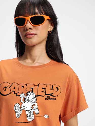 Image of Bewakoof X Official Garfield Merchandise Women's Selective Participation Graphic Printed 100% Cotton T-Shirt - Boyfriend Fit, Round Neck, Half Sleeves, Loose Fit