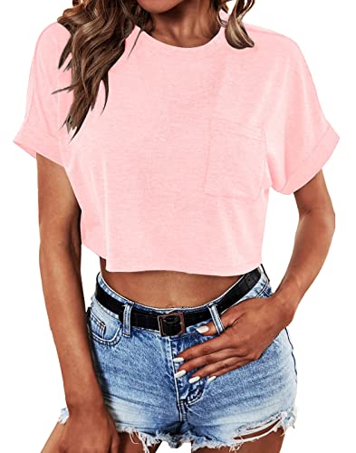 Dyexces Womens Crop Tops Short Sleeve Crewneck Cropped T Shirt Casual Summer Solid Color Loose Basic Tees with Pockets
