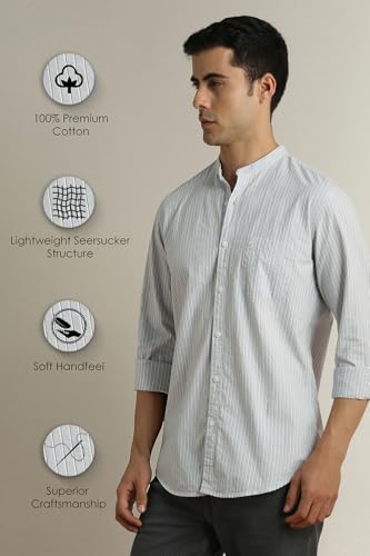 Image of Peter England Men's Casual Mandarin Collar Slim fit Full Sleeve Shirt in 100% Cotton Seersucker with Striped Design