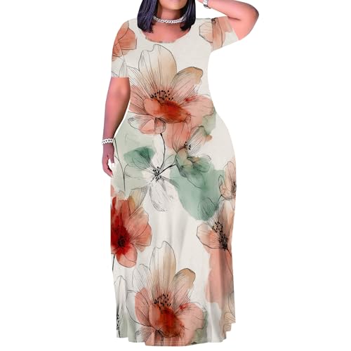 Image of PinkPatty Women's Plus Size Maxi Dresses Short Sleeve Sundress Summer T-Shirt Beach Long Dress with Pockets