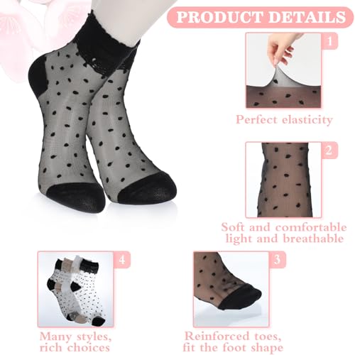 4 Pairs Dot Sheer Ruffle Socks Women Lace Socks Thin Ruffle Sock Cute Summer Sock for Women Girls (Beige, All Black, White, Black)3