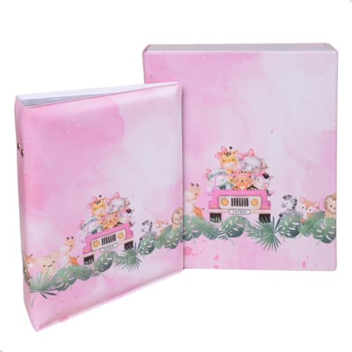 Pirlim Foto, Estojo Imantado com Álbum para 100 Fotos 15x21 SAFARI ROSA Bebê Animais Infantil Newborn