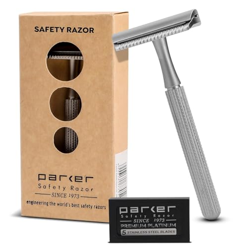 Parker 78R Double Edge Safety Razor with 5 Safety Razor Blades, Women & Men’s Safety Shaving Razor, Reusable, Plastic Free – Satin Chrome