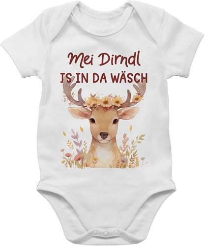 Baby Body Junge Mädchen - Kompatibel mit Oktoberfest Outfit - Mei Dirndl is in da Wäsch | Hirschkopf | Volksfest Hirsch | Trachtenfans - 6/12 Monate - Weiß - trachtenbody kurzarm trachtenmode der