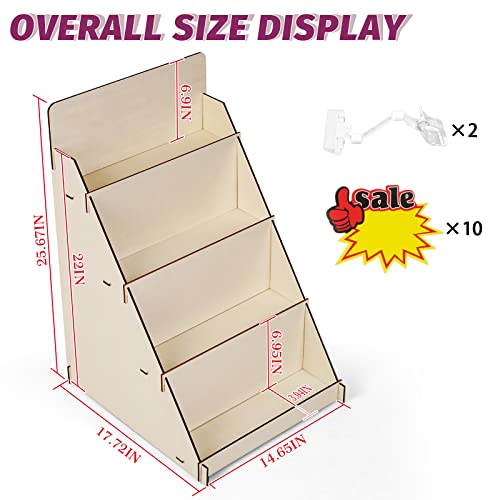 Retyion Greeting Card Display Stand Sticker Display Wooden Display Stand 4 Tier Portable Card Display Rack Retail Display Stand for Greeting Cards Birthday Cards Coasters Stickers Photos (Wood)