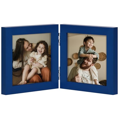 decorUhome Double 4x4 Picture Frame Vertical, Engineered Wood Bifold Photo Frame with Plexiglass for Tabletop Display, 4x4, Royal Blue