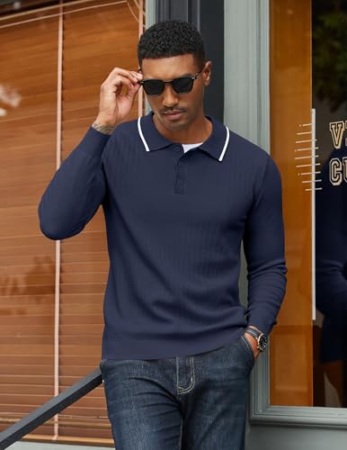 COOFANDY Men's Knit Polo Sweater Casual Long Sleeve Polo Sweater Lightweight Button Down Golf Pullover Sweaters2