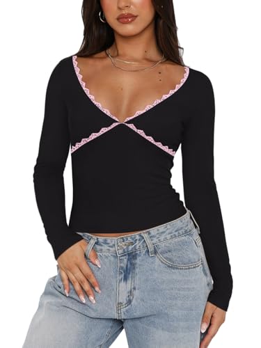 REORIA Sexy Lace Long Sleeve Shirts for Women V Neck Slim Fitted Y2K Trendy Fall Going Out Tops Clothing2