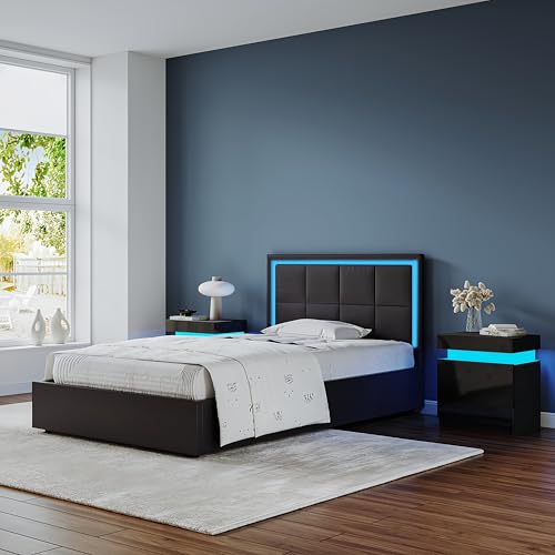 Upholstered Ottoman Divan Bed in Premium Faux Leather - RGB LED Bed Base Lighting, Lift-Up Slatted Frame & Large Storage Capacity, Bedroom Furniture (Black, Single)