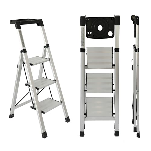 UZIRO Escalera Plegable 3 Peldaños, Escaleras Plegables de Aluminio Liviana, Porta Herramientas, Peldaños Anchos Antideslizantes, Scada para Trabajo, Compacta, Fácil de Utilizar (3 Pedaños)