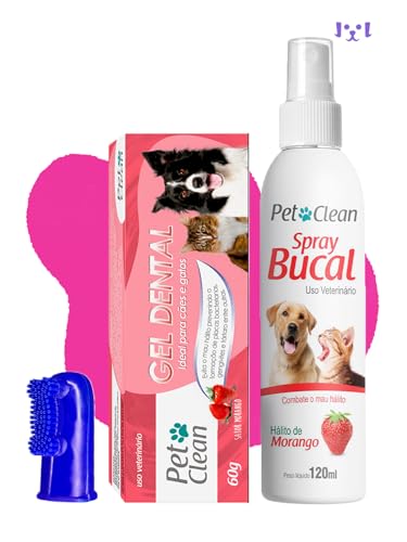 Kit Gel Dental e Spray Bucal Morango + Escova Pet Clean