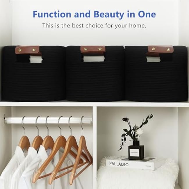 Cotton Rope Basket , Storage Baskets with Handle, 15x10x9 Inch Woven Basket for Shelves, Laundry, Towels, Clothes, Books, Toys (Black 1Pack)