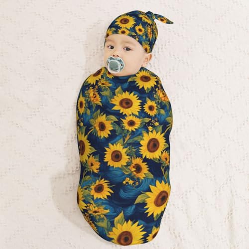 Image of Yellow and Blue Sunflower Newborn Swaddle Blankets Hat Sets Soft Baby Receiving Blanket Swaddle Sack for Baby Shower Infant Boy Girl Gift