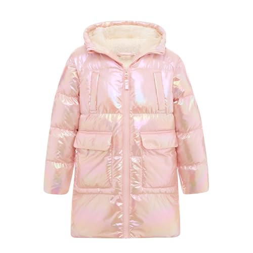 Cutemile 5-12 Years Girls Winter Long Fleece Coat Parka Metallic Puffer Jacket Outwear with Hooded