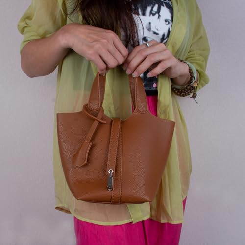Women's Leather Bucket Bag - Adjustable Crossbody Tote with Metal Lock Closure, Boho Market Tote for Everyday & Travel, Gift Ready Handbag (Golden Brown)2
