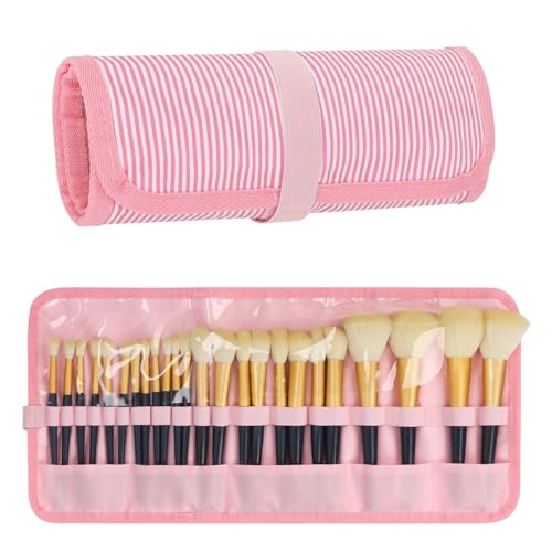 OCHEAL Makeup Brush Holder, Pink Stripes Makeup Brush Organizer,Travel Makeup Brushes Bag Cosmetic Bags Pouch for Women Cosmetic Brushes Makeup Artist -Brushes Not included
