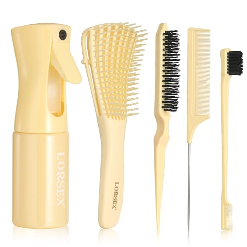 LORSEX Haarbürste mit 200 ml Haarspray-Flasche, Entwirrungs-Haarbürste für schwarzes Naturhaar, afroamerikanischer Typ 3a-4c, 3-teiliges Glattbürsten-Set (gelb)