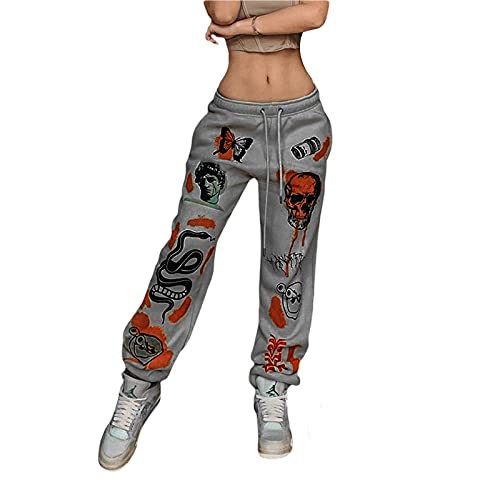 Argeousgor Graffiti Skull Print Baggy Sweatpants for Women Loose Street Jogger Pants Elastic Waist Sporty Athletic Lounge Trousers(Fleece-Skull Grey,XL)