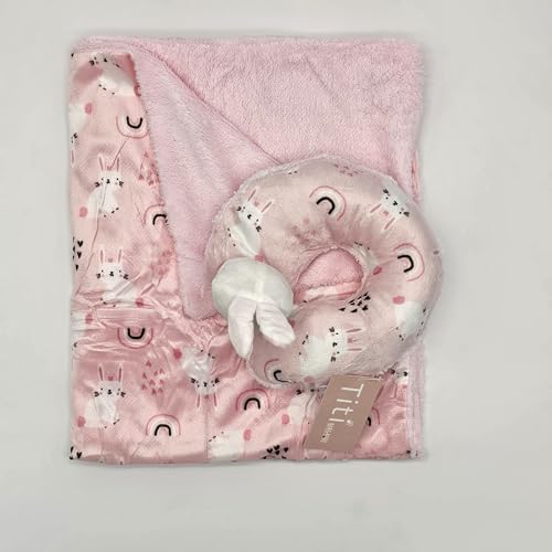 Image of TITI with Love Reversible Baby Blanket and Pillow Set - Bonnie Baby Blanket with 3D Neck Pillow, Soft Plush for Newborn Girls, Swaddle 32x27 in