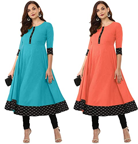 Image of NATEK Cotton Anarkali Printed Border Kurtis for Women Combo Pack of 2