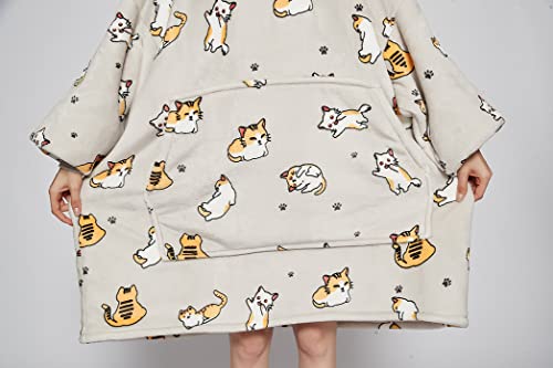 iyoimono Hoodie Decke für Damen Flanell Fleece Pullover Sweatshirt Decke Flauschige Sherpa TV-Decke mit Ärmeln Übergroße Kapuzen Pullover Kuscheldecke Einheitsgröße(Graue Katze)