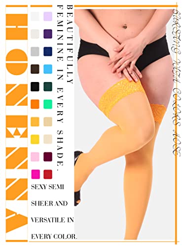 Image of HONENNA Plus Size Thigh High Stockings, Semi Sheer Stay Up Lingerie Lace Top Pantyhose for Curvy Women