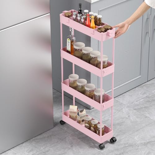 Image of SPACELEAD Slim Storage Cart 4 Tier,Bathroom Organizer Rolling Utility,Mobile Shelving Unit Slide Out for Office, Kitchen, Laundry Room & Narrow Places,Pink