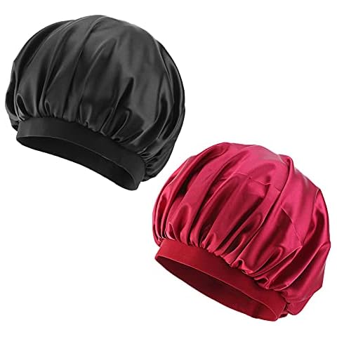 suchkawe 2 Pcs Satin Bonnet Sleep Cap, Elastic Wide Band Night Sleep Cap,Adjustable Soft Night Sleep Hat for Women and Girl Hair Protection (Black + Red) Cover