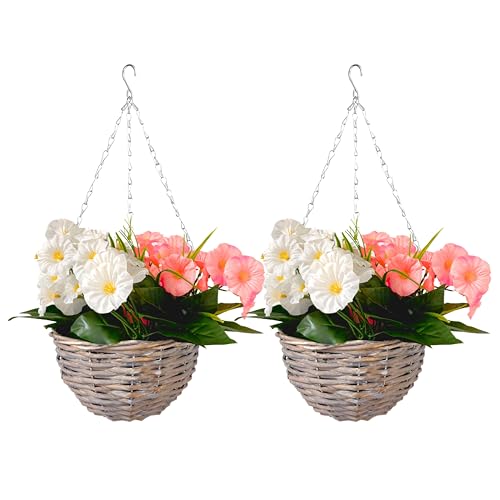 Image of ADEPTNA Set of 2 Artificial Petunia Wicker Hanging Flowers Planter with Baskets with Hanging Chains - Outdoor Indoor Gardens Patios Balconies Decoration (White/Pink)