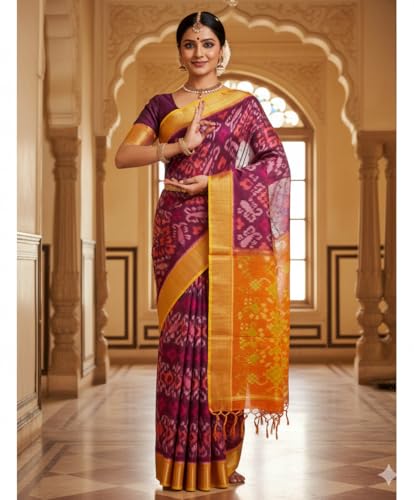 Image of AYYAPPASILK Women's Exclusive Ikkat Silk Saree for Designer Border with Contrast Blouse