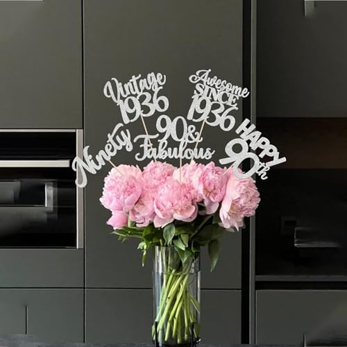 Image of 15 PCS 90th Birthday Centerpiece Sticks Ninety Happy 90 Vintage 1936 Table Flower Centerpieces Sticks Cheers to 90 Fabulous Floral Decorations for 90th Birthday Party Supplies Silver