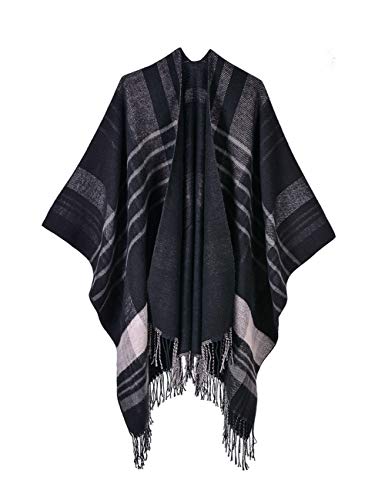 FEOYA Womens Poncho Cape Printed Tassel Shawls Open Front Blanket Oversized Scarf Coat for Winter