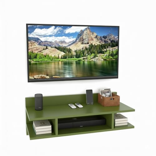 Image of Engineered Wood Set Top Box Stand | Wall Mounted TV Unit Shelf for Router, WiFi, DVD, Gaming Console | Sturdy & Space Saving TV Accessory Organizer (Brown, 50 x 20 x 15 cm) (Olive)