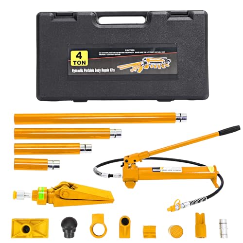 4 Ton Porta Power Kit Hydraulic Jack with Carry Case, Auto Body Frame Repair Tool Set for Car, Van, Truck, Farm Vehicle Repair – Yellow