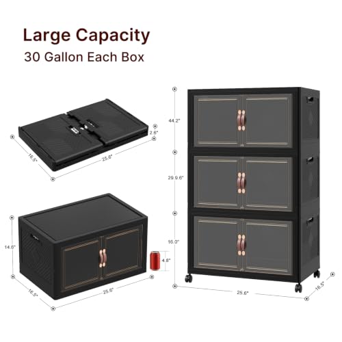 Image of UAMFURI Stackable Storage Bins with Lids,720QT Closet Organizers, Lockable Storage Cabinet,Foldable Storage Box with Doors and Wheels, Plastic Drawers for Home, Garage, Office (6, Black, Large)