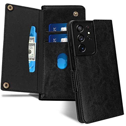 FYY Case for Samsung Galaxy S21 Ultra 5G 6.8”, [Magnetic Closure] Luxury Leather Wallet Case Flip Folio Cover with [Front Card Slots] for Galaxy S21 Ultra 5G Black