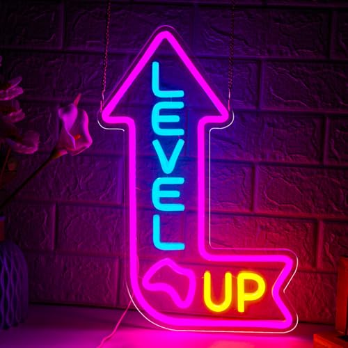 Image of Level Up Neon Sign for Gamer Room, Dimmable Game Neon Sign | LED Gaming Light Up Sign for Man Cave, Game Room, Bedroom, Party Decor, Gifts for Gamers, Boys & Teens, USB Powered