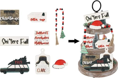 DULRLLY 7pcs Christmas Tiered Tray Decor Set, Rustic Farmhouse Autumn Fall Supplies, Xmas Wooden Tabletop Signs for Christmas Farmhouse Home Kitchen Party Decoration (Not Included Tray) - Image 5