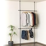 ドウシシャ 省スペースに設置可能な突っ張りハンガーラック 2段式 ブラック 夏服約48着収納可能 縦横伸縮可能 簡単組立 突っ張りラック スリム スチール 伸縮 おしゃれ 全体耐荷重24kg 幅75~120×奥行7.5×高さ200~280cm 黒 省スペース 洋服収納 服掛け 衣類 衣装 TH75-2BK