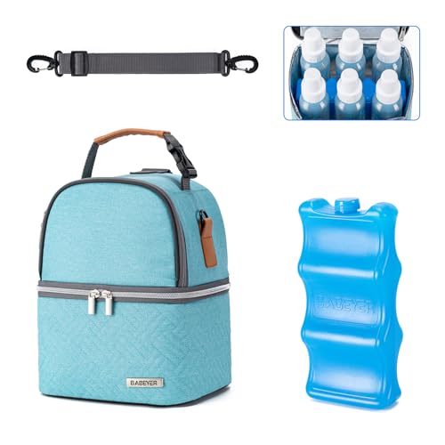 Image of BABEYER Breastmilk Cooler Bag with Ice Pack Fits 6 Baby Bottles up to 9 Ounce, Breast Milk Pump Cooler Bag with Shoulder Strap for Nursing Mom Daycare, Work, Travel- Lake Green